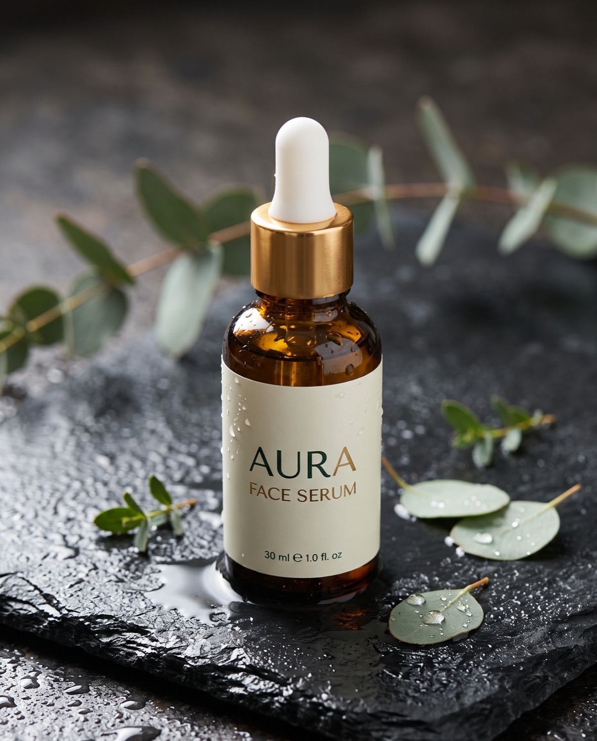 Amber Serum Product Shot — A high-end product photo of an amber glass serum bottle with a gold dropper, standing on a wet slate stone among a few eucalyptus leaves and fine water droplets.