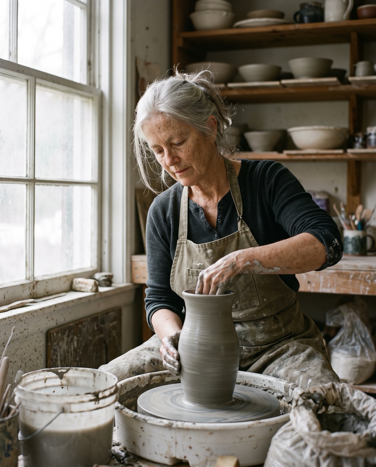 The Ceramicist — A candid documentary portrait of a ceramicist in her sixties at a pottery wheel in a small studio, shaping a tall vase.