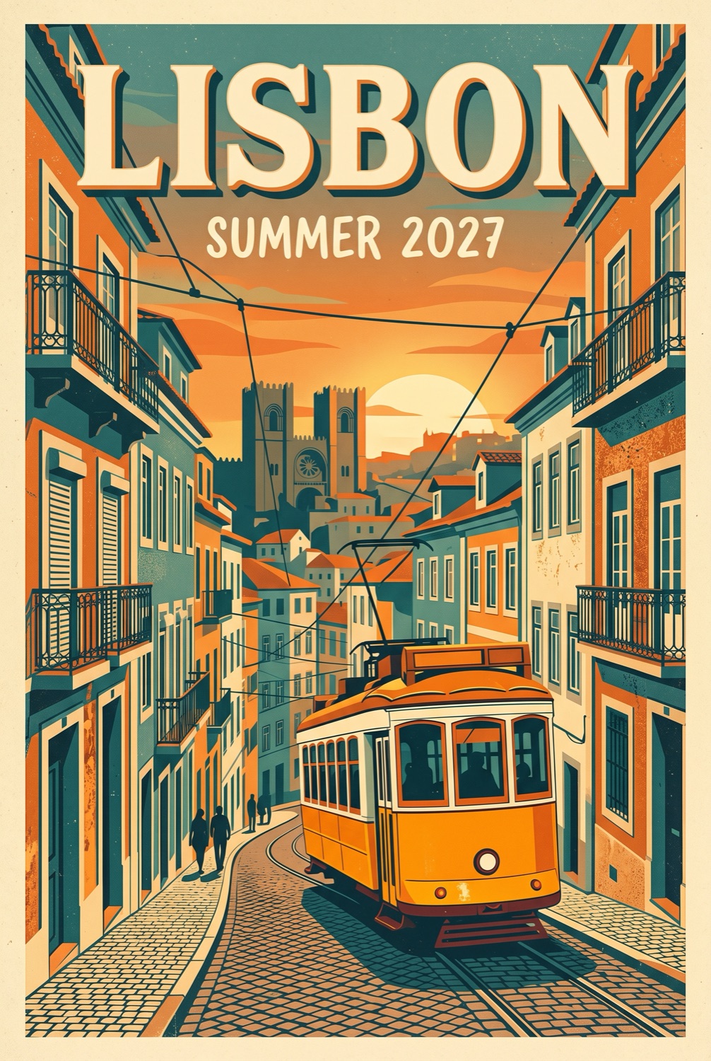 Lisbon Travel Poster — A vintage travel poster for Lisbon with the word “LISBON” in large, bold, cream-colored serif letters across the top and “Summer 2027” in smaller letters underneath.