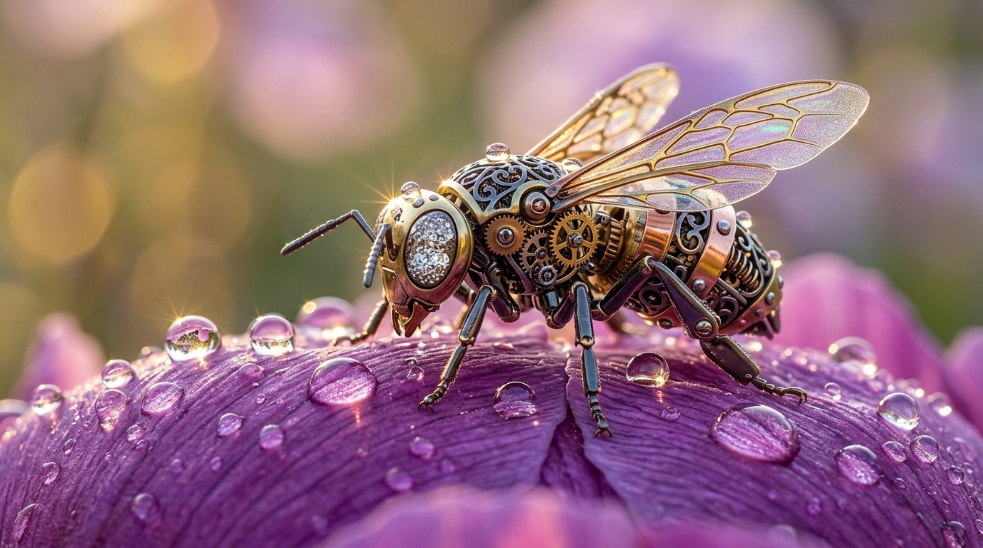 Mechanical Bee — Macro photograph of a fantastical mechanical bee resting on a dew-covered purple peony petal.